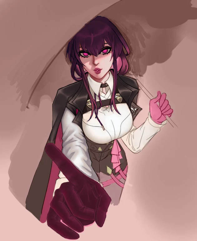 Purple-haired character in a hat and tailored outfit