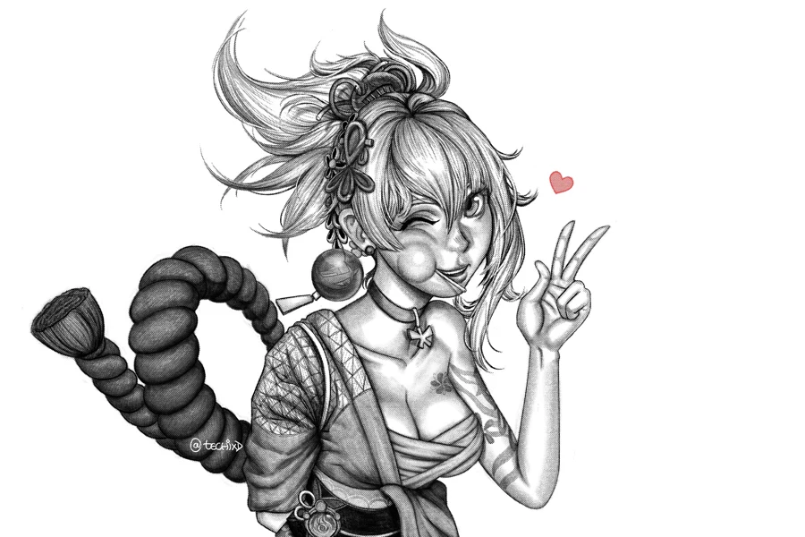 Pencil-style character illustration with a large mechanical gauntlet