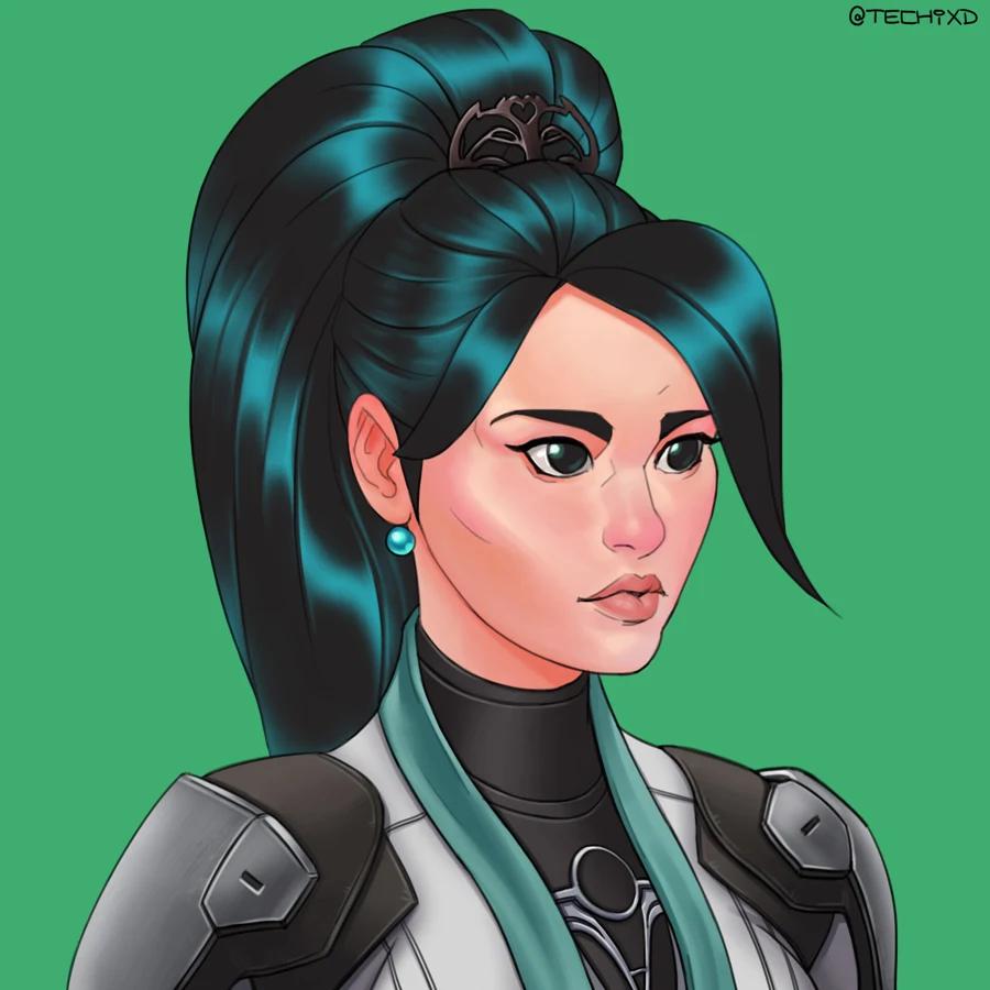 Digital portrait of a woman with a teal hair ribbon