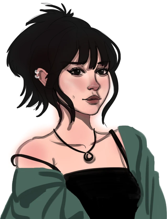 Portrait of a woman with short black hair and a green jacket