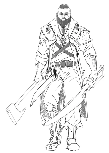 Full-body character sketch of an armored man with an axe