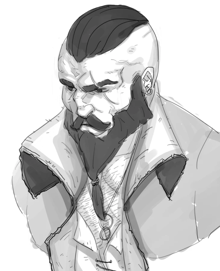 Grayscale portrait of a bearded man with shaved sides