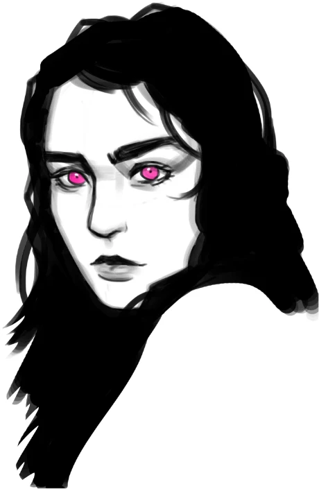 Black-and-white portrait with pink eyes