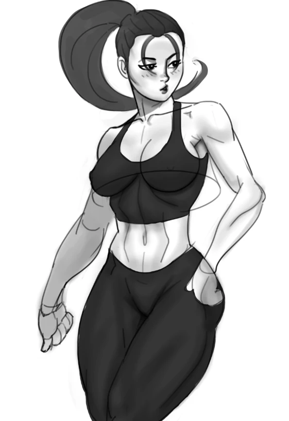 Grayscale character illustration of a woman in a cropped top