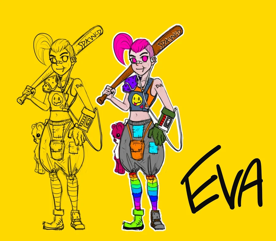 Eva character concept with line art and a colored design on yellow