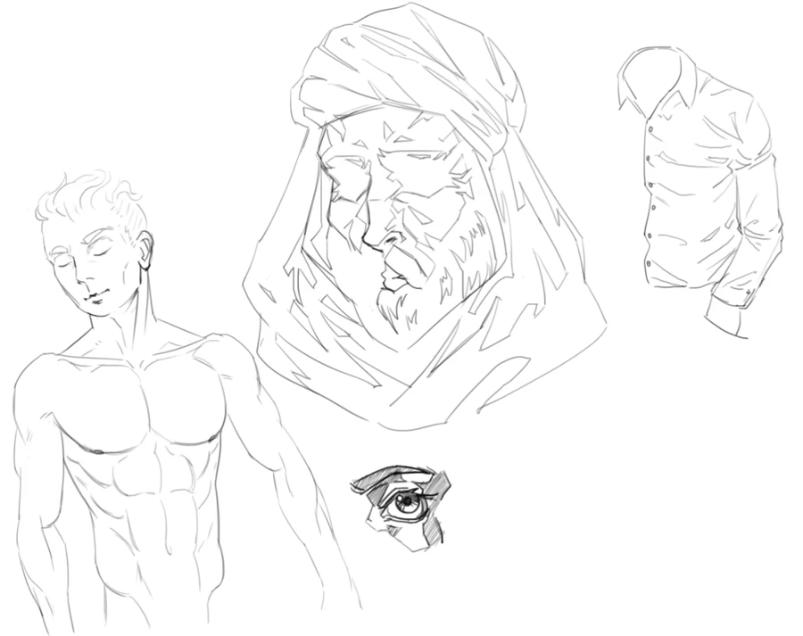 Helmeted character, armor, and eye studies