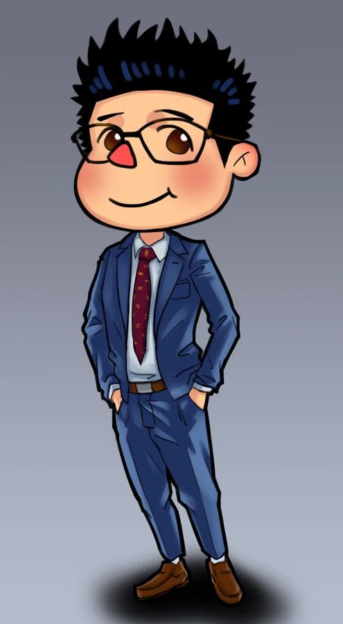 Cartoon portrait of a man wearing glasses and a suit