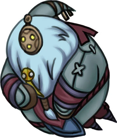 Illustration of a blue stuffed creature with button eyes