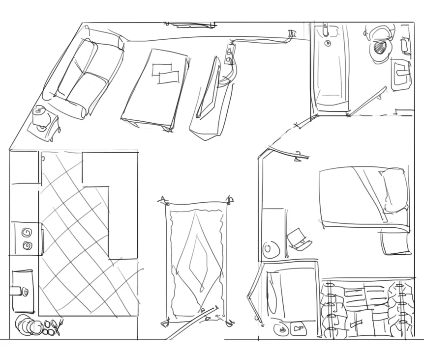 Perspective sketches of an interior room