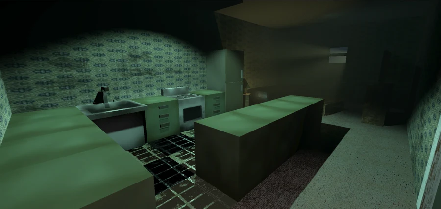 Green-lit 3D interior environment