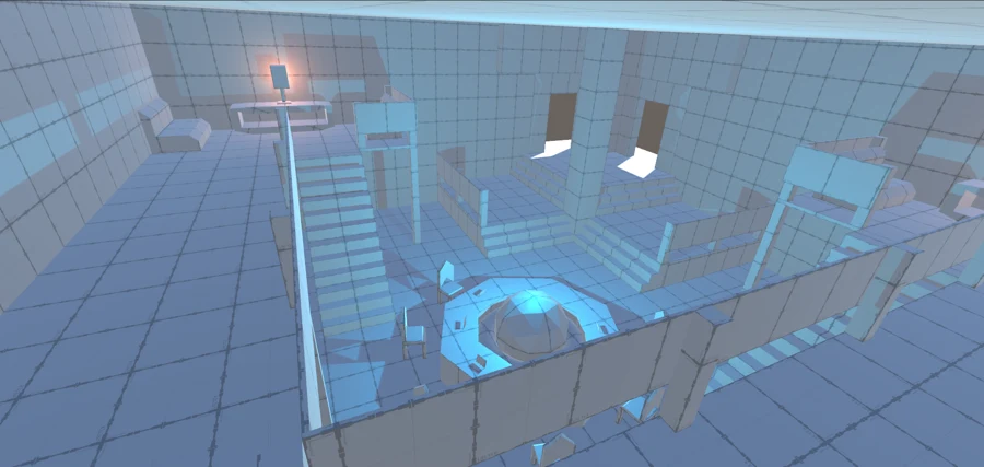Blue-lit level environment with a glowing circular structure