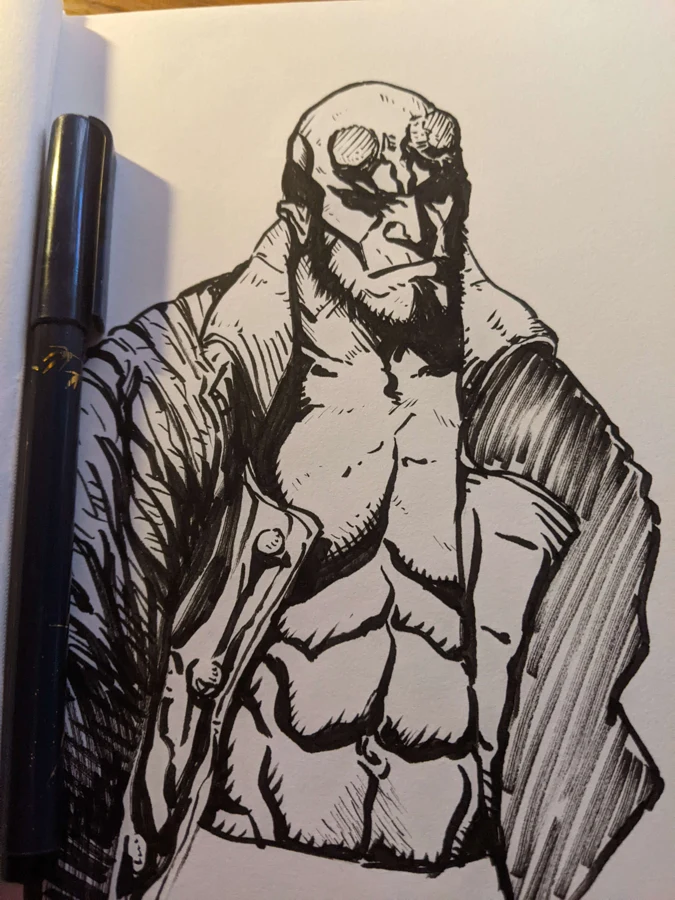 Ink drawing of a muscular character in a coat