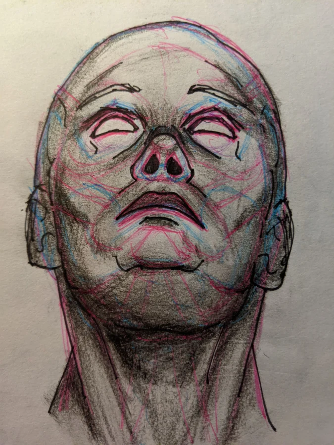 Colored pencil study of a face viewed from below