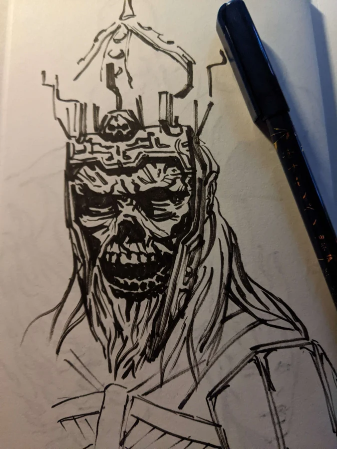Sketchbook drawing of an armored warrior with a tall helmet