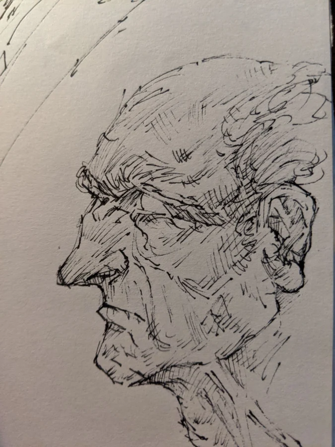 Sketchbook portrait of an older man in profile