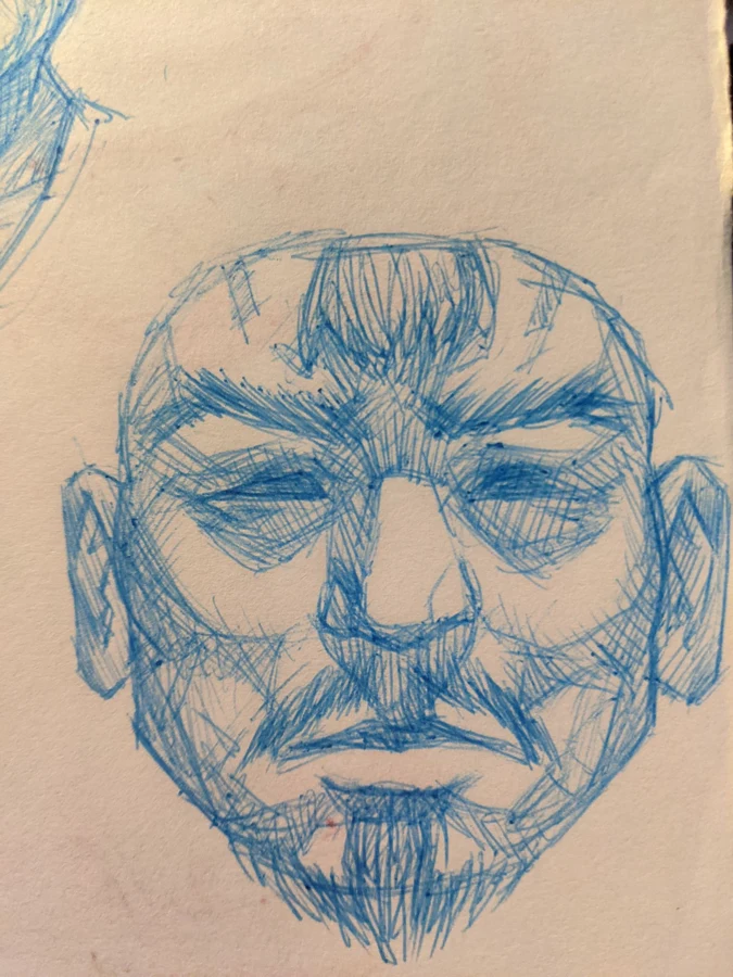 Blue-pencil portrait of a bearded man