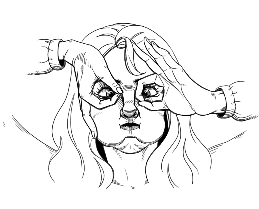 Line drawing of a woman framing her eyes with her hands