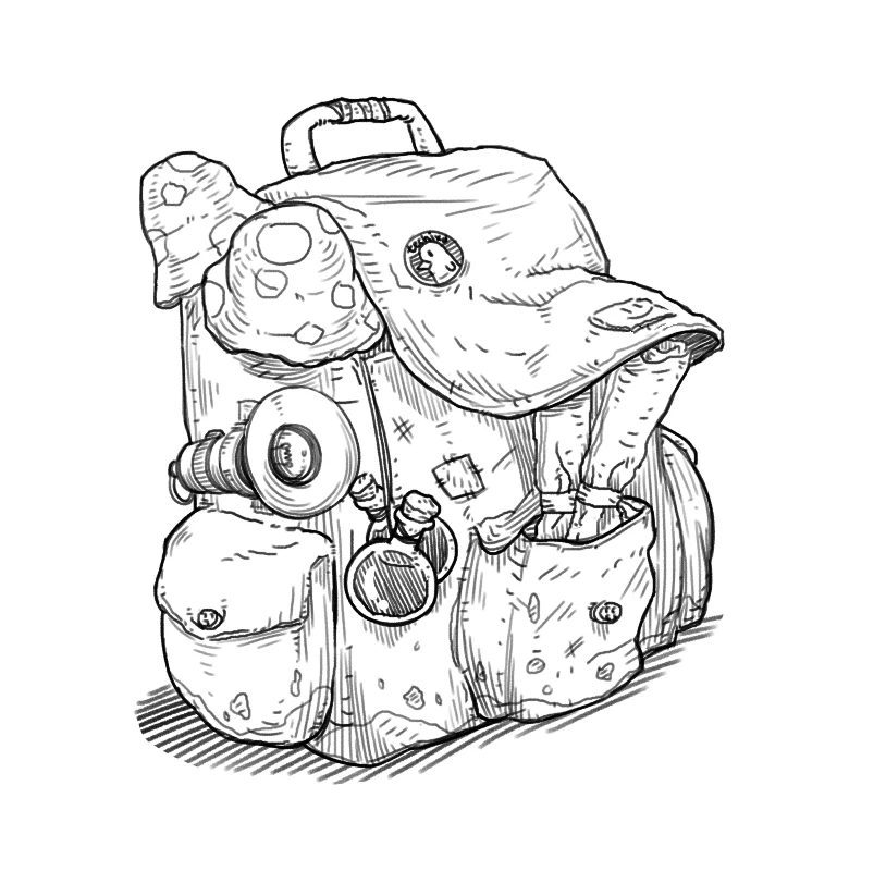 Detailed line drawing of a robot backpack