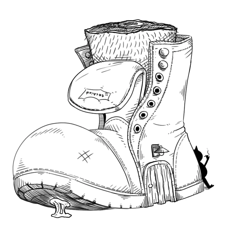Line drawing of a worn lace-up boot