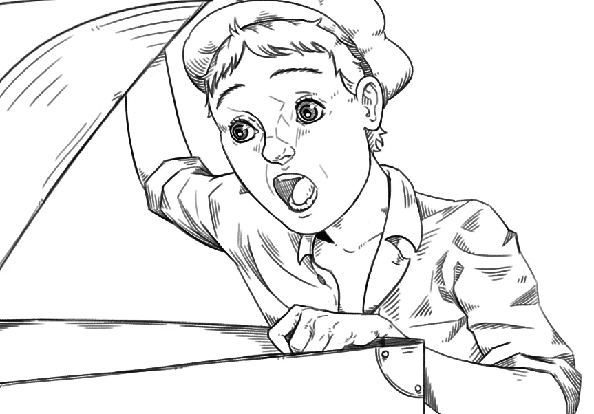 Drawing of a young character leaning over a surface