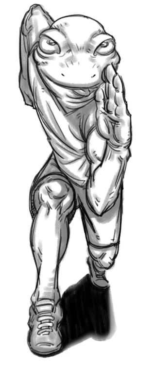 Full-body character drawing of an anthropomorphic frog