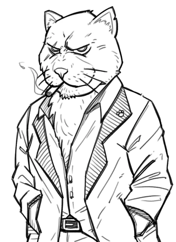 Line drawing of a cat wearing a suit and coat