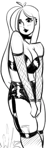 Full-body line drawing of a woman in a fitted outfit