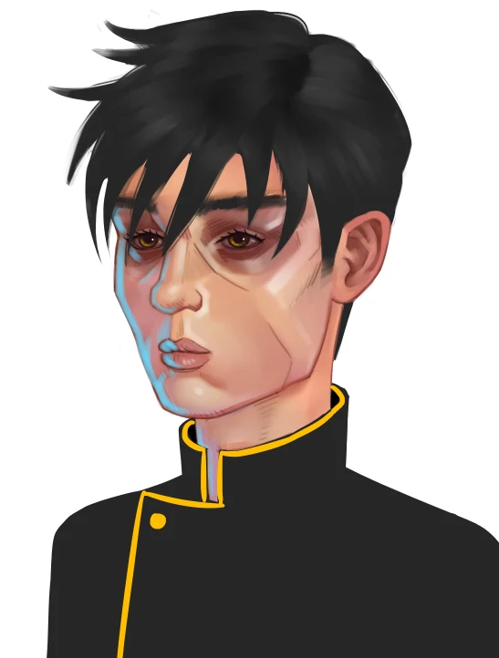 Painted portrait of a young man with dark hair and a high collar