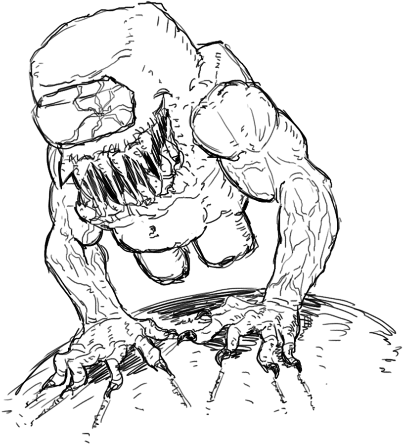 Black line drawing of a crouching creature with sharp teeth and claws