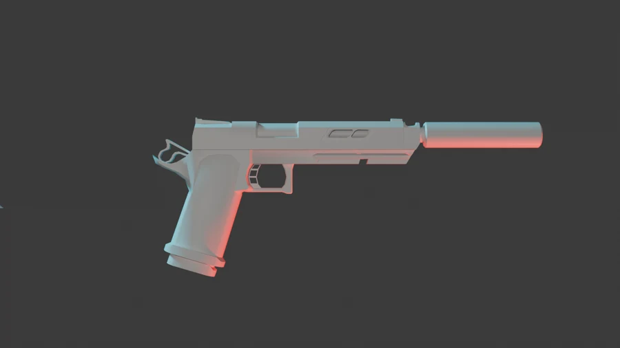Side view of a 3D pistol model with a suppressor