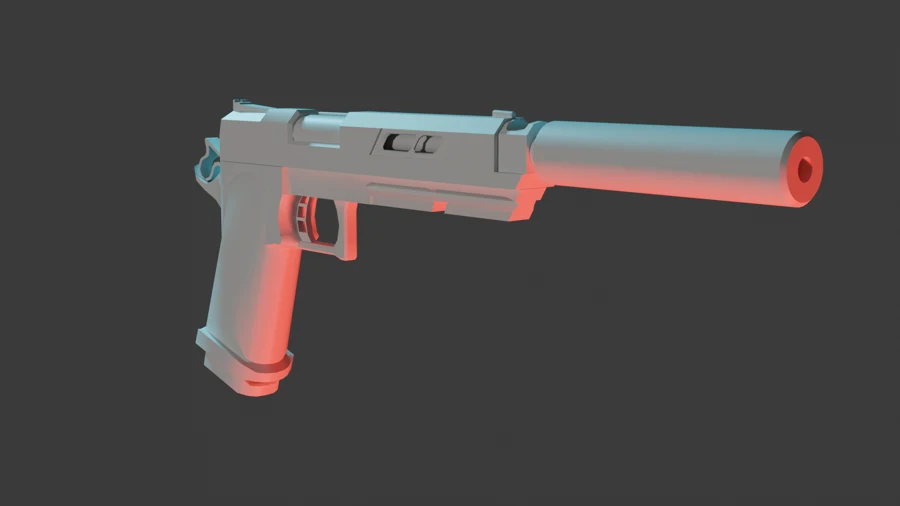 Angled view of a 3D pistol model with a suppressor