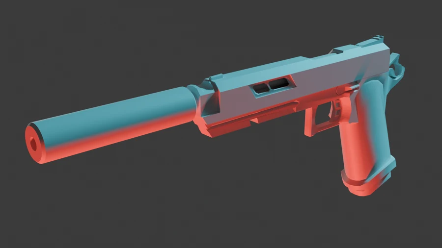 Front three-quarter view of a suppressed 3D pistol model
