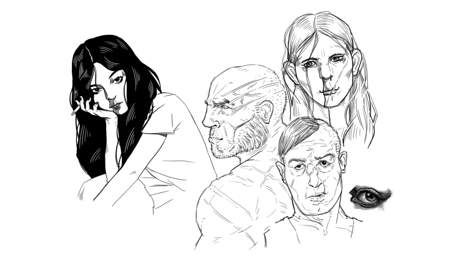 Digital sketch page with character portraits and eye studies
