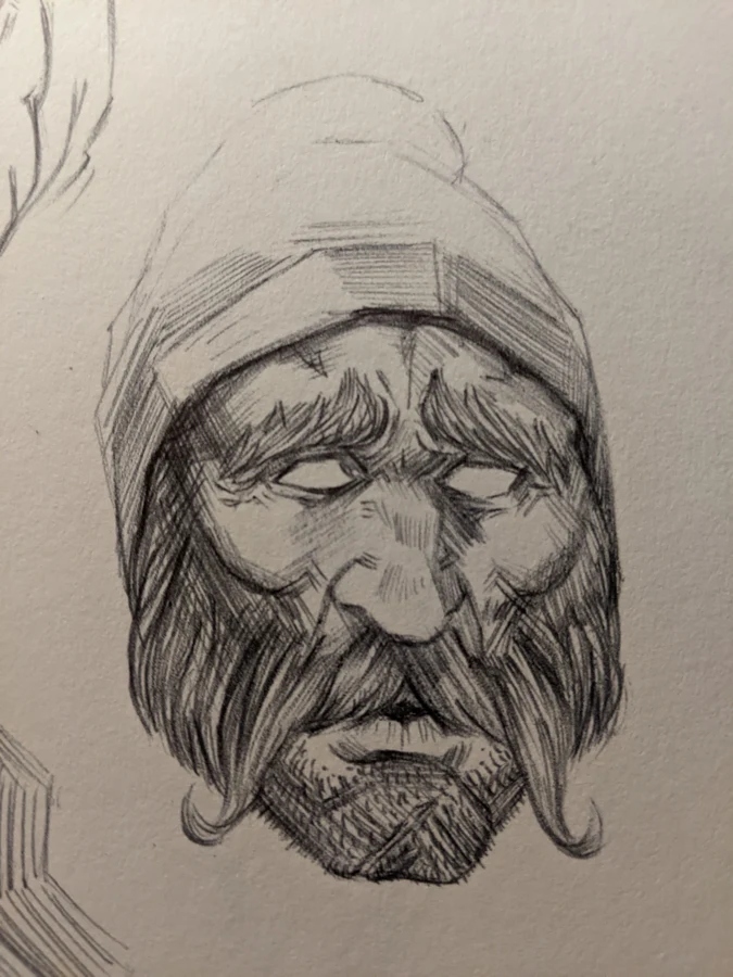 Pencil portrait of a bearded man in a knit cap