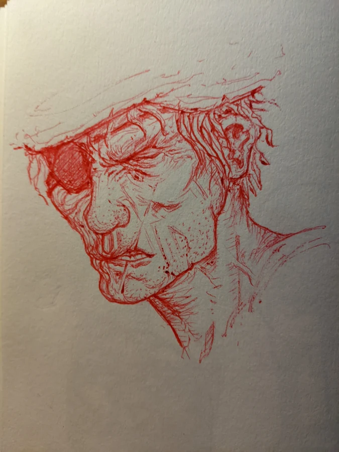 Red-pencil portrait of a man wearing a hat