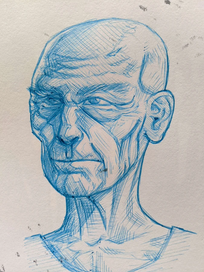 Blue-pencil portrait study of an older man