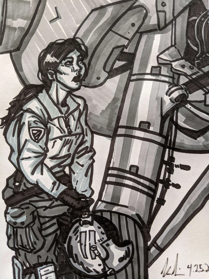 Ink drawing of a character beside a large mechanical structure