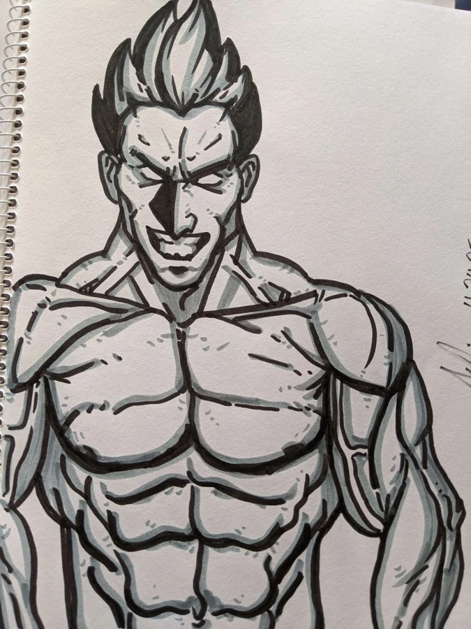Ink drawing of a muscular character with spiked hair