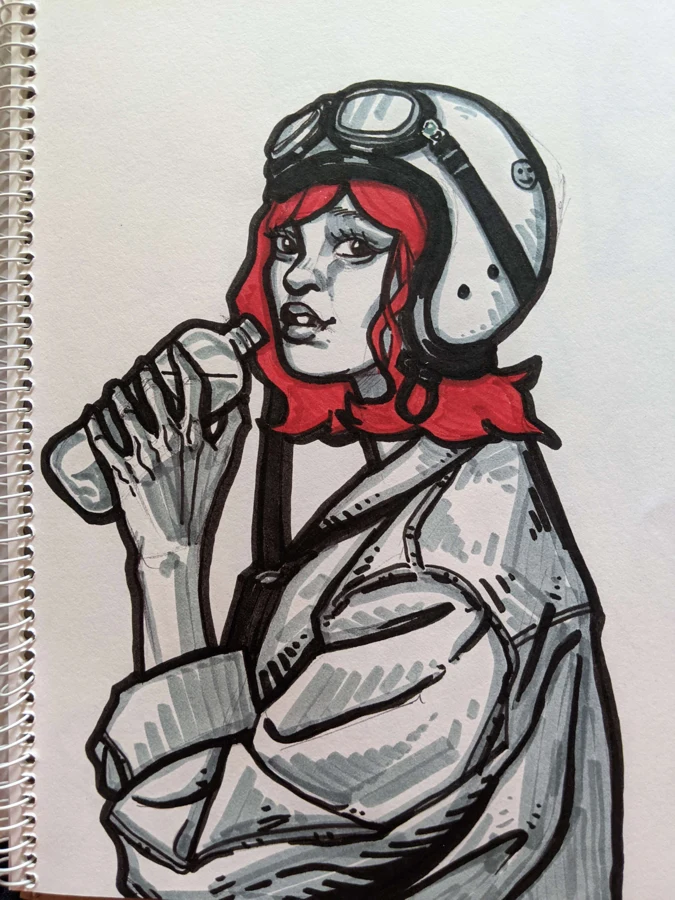 Colored sketchbook drawing of a pilot holding a microphone