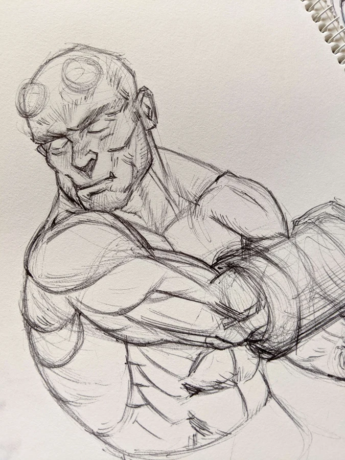 Pencil drawing of a muscular character with folded arms