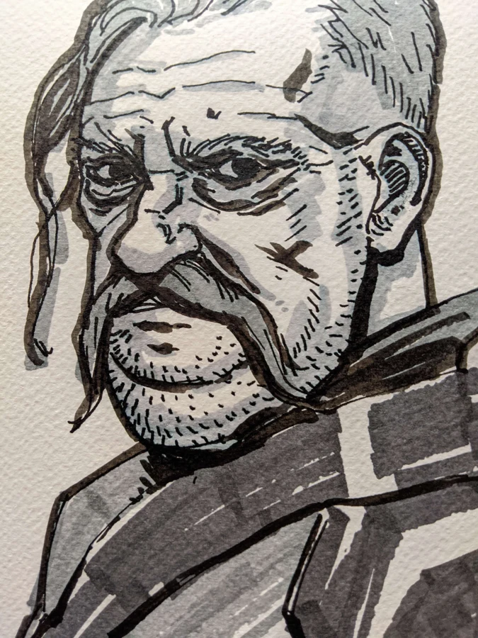Ink portrait of a stern man with long sideburns
