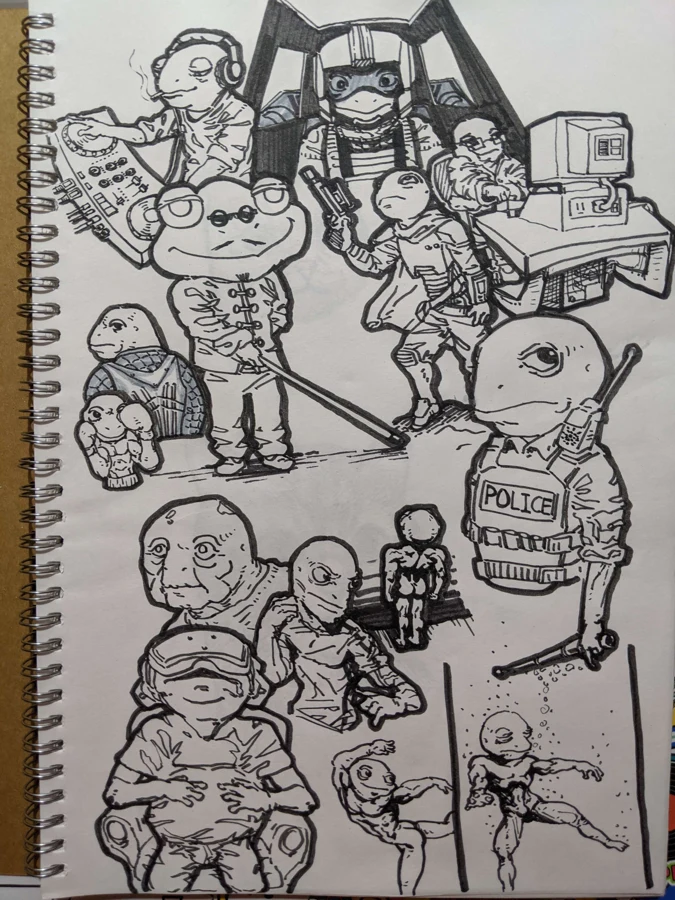 Sketchbook page filled with small robot designs