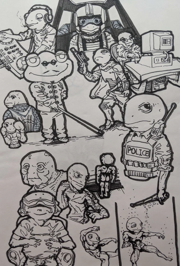 Alternate photograph of a sketchbook page filled with robot designs