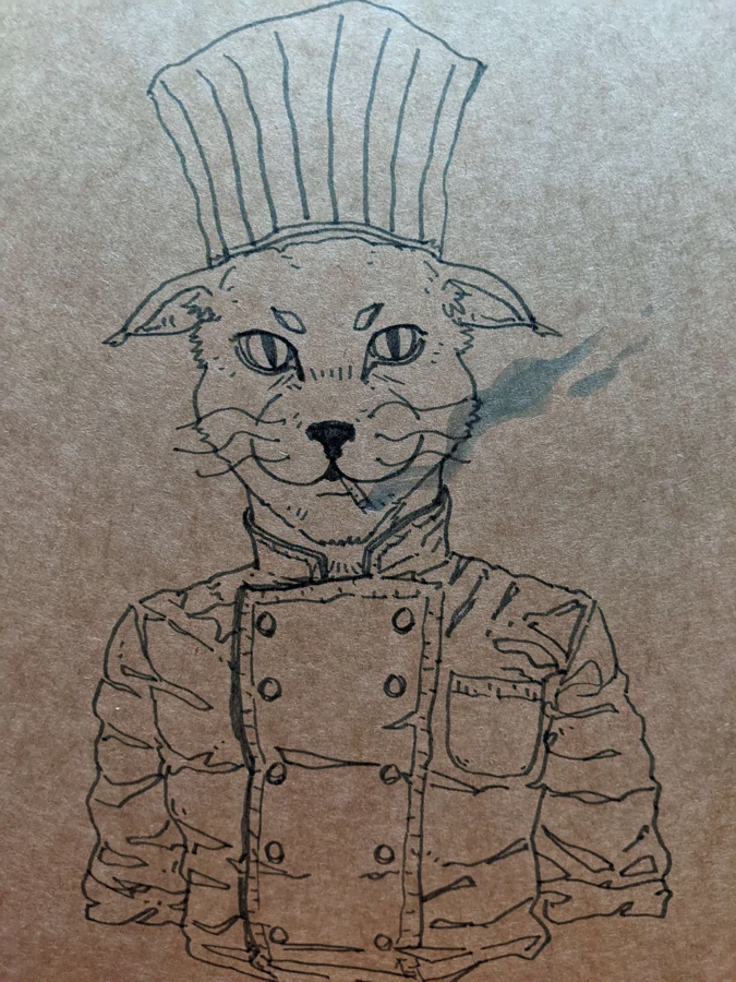 Pencil drawing of a cat wearing a chef uniform and tall hat