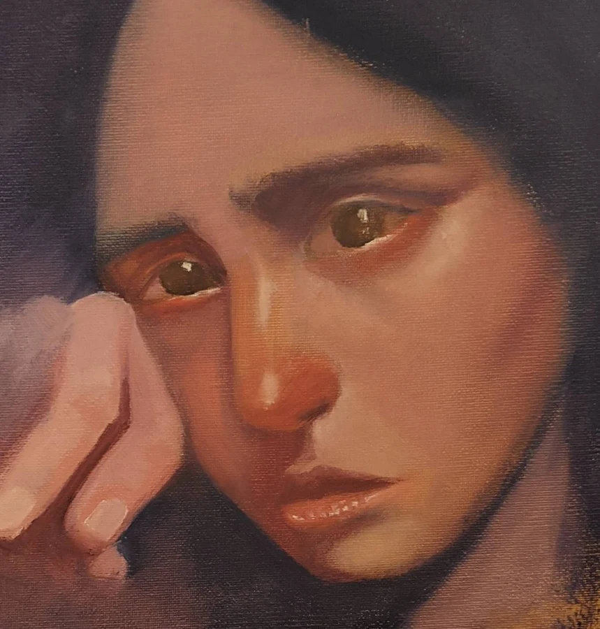 Close-up painted portrait of a woman resting her face against her hand