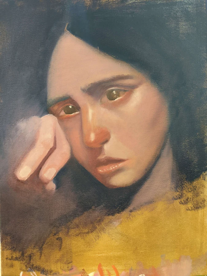 Painted portrait of a woman wearing yellow
