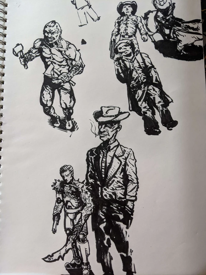 Sketchbook studies of armored characters