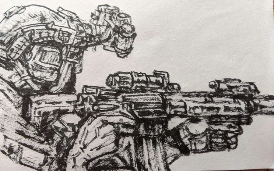 Detailed ink drawing of a futuristic soldier holding a rifle