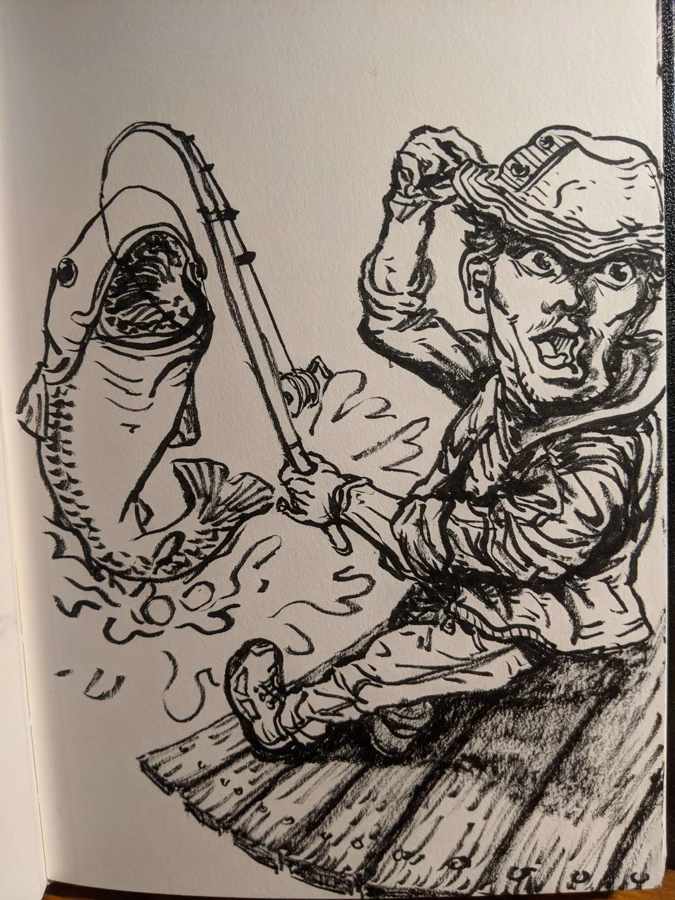 Sketchbook drawing of a character alongside a creature
