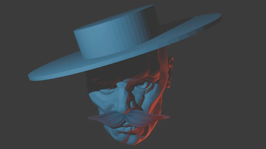 Alternate 3D sculpt render of a face beneath a wide-brimmed hat